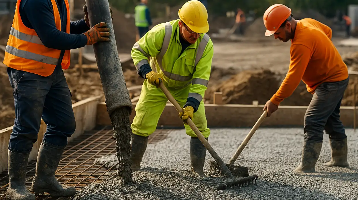 3 concrete contractors spreading concrete on the ground from Houston Concrete Services in Houston, TX 