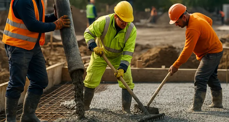 3 concrete contractors spreading concrete on the ground from Houston Concrete Services in Houston, TX 
