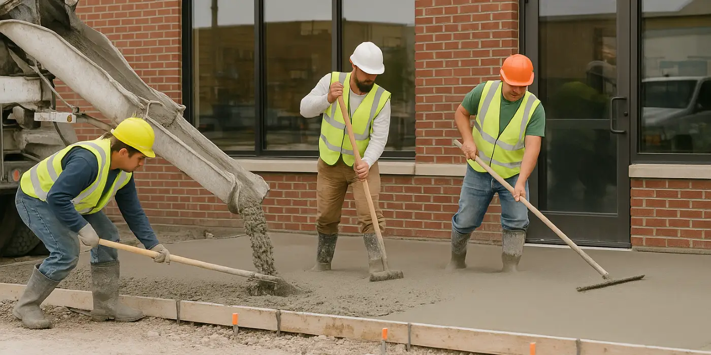 3 concrete contractors spreading concrete on the ground for a sidewalk from Houston Concrete Services in Houston, TX - Concrete Cutting Services 3 concrete contractors spreading concrete on the ground for a sidewalk from Houston Concrete Services in Houston, TX - Concrete Cutting Services