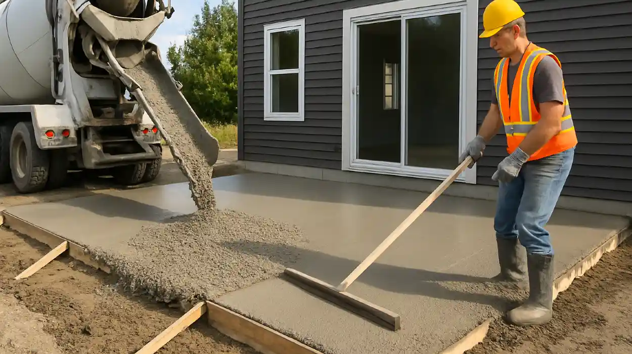a man spreading the cement a truck is pouring to build a patio from Houston Concrete Services in Houston, TX - concrete garage floors installation