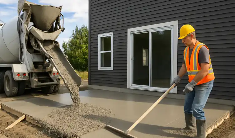 a man spreading the cement a truck is pouring to build a patio from Houston Concrete Services in Houston, TX - concrete garage floors installation