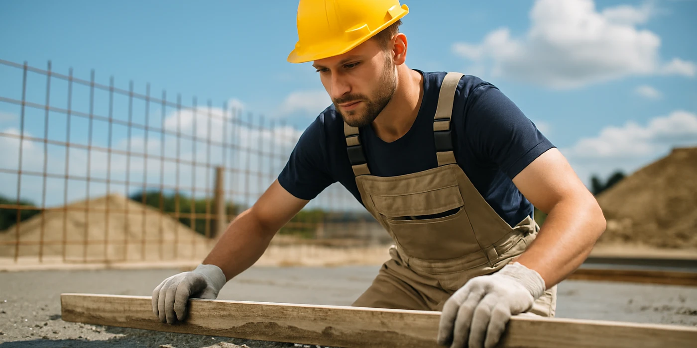 a male concrete worker spreading fresh cement on rebared ground from Houston Concrete Services in Houston, TX - Concrete sidewalk building and repair