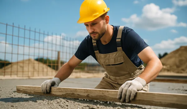 a male concrete worker spreading fresh cement on rebared ground from Houston Concrete Services in Houston, TX - Concrete sidewalk building and repair