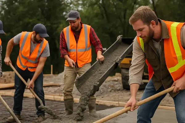 3 concrete workers pouring and spreading cement on the ground from Houston Concrete Services in Houston, TX - Concrete sidewalk building and repair