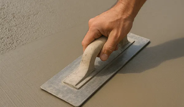 a hand trowel being used on a fresh cement slab to smooth it from Houston Concrete Services in Houston, TX - Concrete Walkway Installation