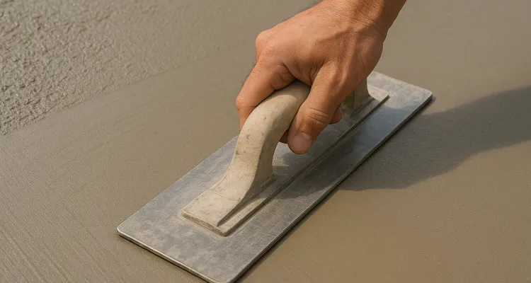 a hand trowel being used on a fresh cement slab to smooth it from Houston Concrete Services in Houston, TX - Concrete Walkway Installation