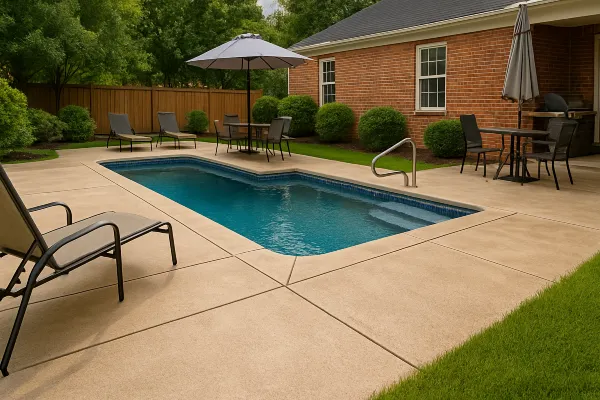 a swimming pool concrete deck from Houston Concrete Services in Houston, TX - Concrete Walkway Installation a swimming pool concrete deck from Houston Concrete Services in Houston, TX - Concrete Walkway Installation