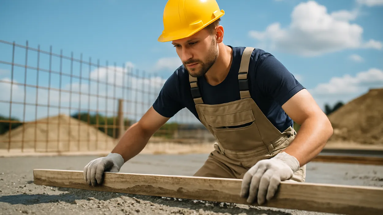 a male concrete worker spreading fresh cement on rebared ground from Houston Concrete Services in Conroe, TX - Conroe TX
