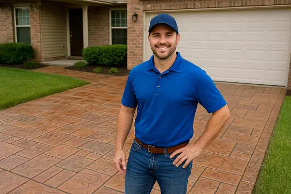 a concrete contractor smiling at the camera with stamped concrete behind him from Houston Concrete Services in Katy, TX - Katy TX a concrete contractor smiling at the camera with stamped concrete behind him from Houston Concrete Services in Katy, TX - Katy TX