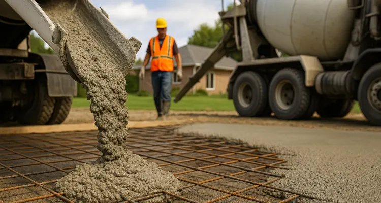 Cement truck pouring cement on a rebared ground from Houston Concrete Services in Houston, TX - Residential Concrete Projects