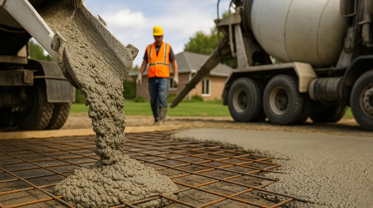 Cement truck pouring cement on a rebared ground from Houston Concrete Services in Sugar Land, TX - Sugar Land TX