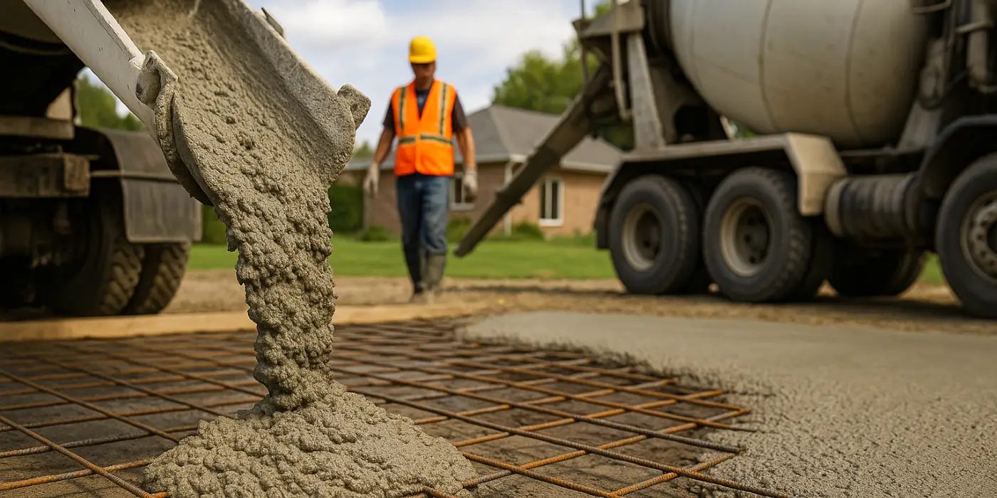 Cement truck pouring cement on a rebared ground from Houston Concrete Services in Sugar Land, TX - Sugar Land TX