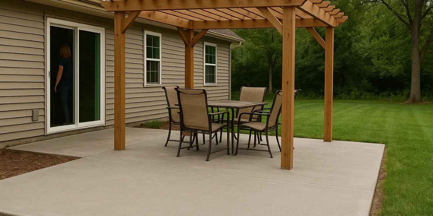 a concrete patio with a pergola from Houston Concrete Services in The Woodlands, TX - The Woodlands TX a concrete patio with a pergola from Houston Concrete Services in The Woodlands, TX - The Woodlands TX