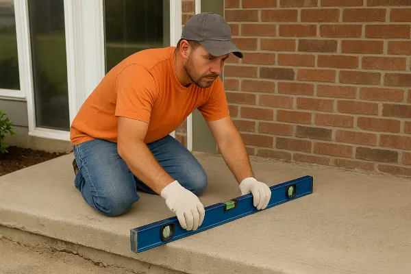 a male worker leveling a concrete slab porch from Houston Concrete Services in The Woodlands, TX - The Woodlands TX a male worker leveling a concrete slab porch from Houston Concrete Services in The Woodlands, TX - The Woodlands TX